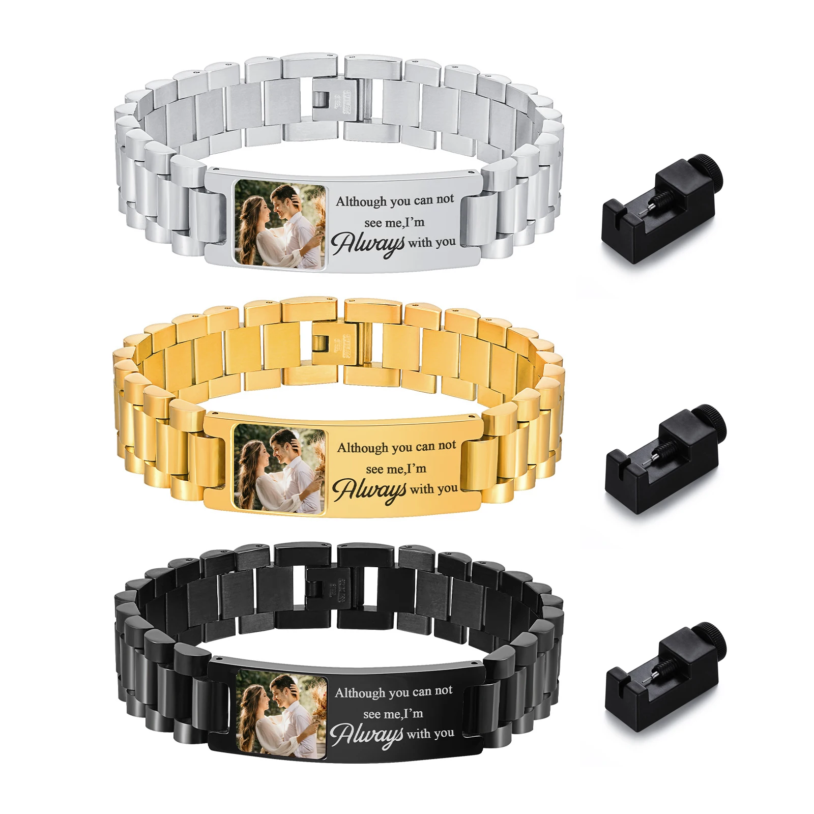 

Personalized Color Picture Bracelet for Men Boys,Customized Photo Words ID Bracelets with Regulator,Gift for Dad Husband BBF