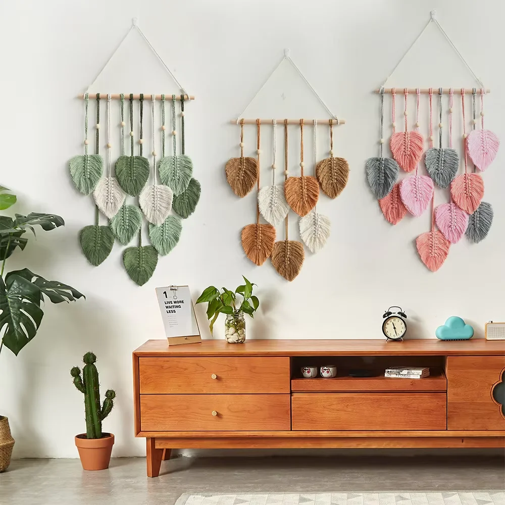 Handmade Macrame Wall Hanging Green Leaf Tapestry Boho Home Living Room Decor Aesthetic Office Gift