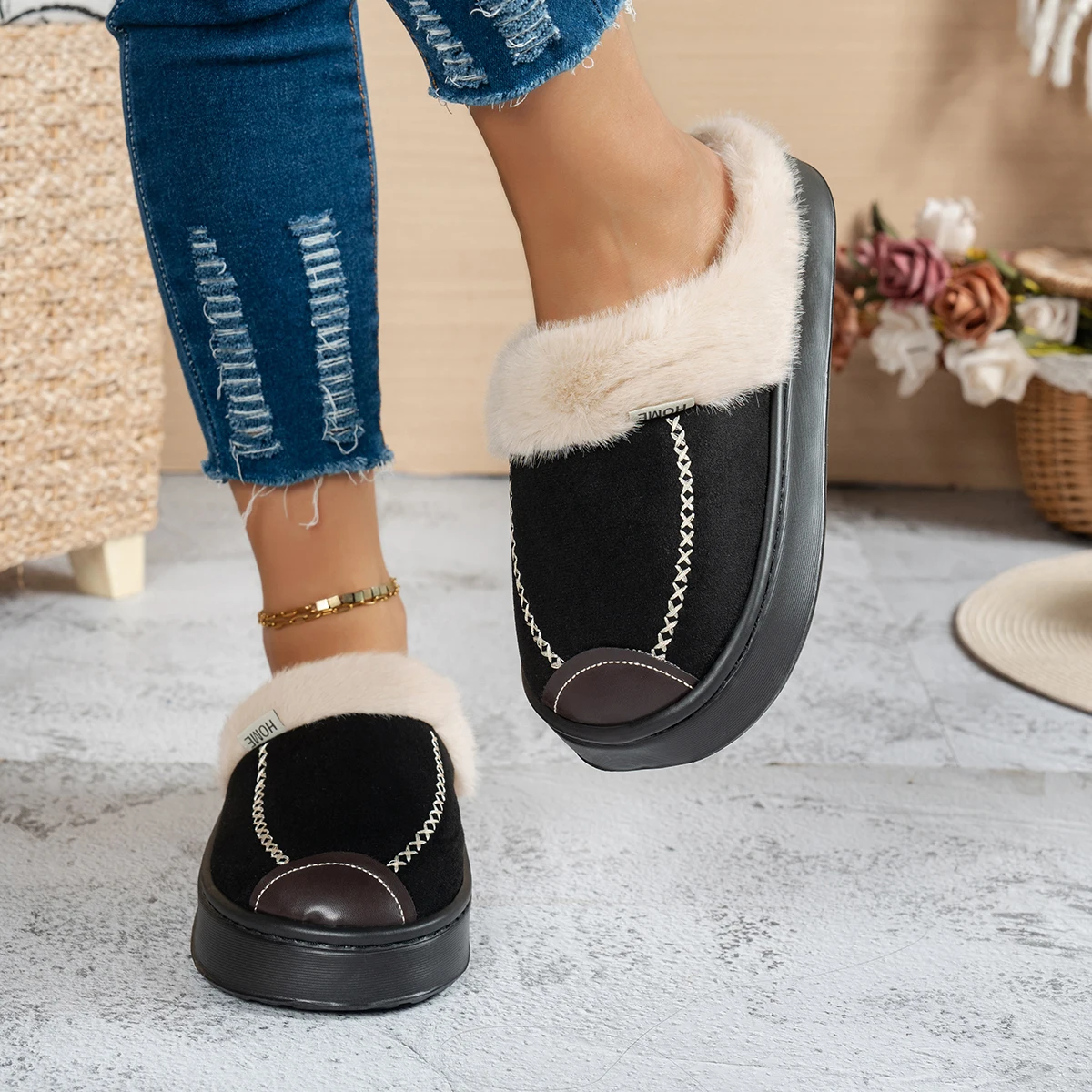 Fluffy Trim Platform Slippers for Men Winter Warm Suede House Slippers Outdoor Anti-Slip Thick Sole Indoor Slides Couple