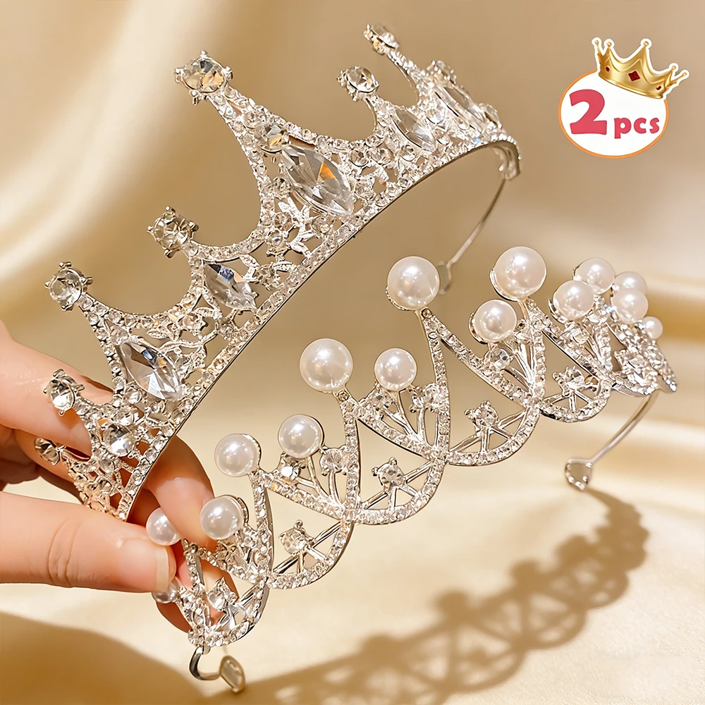 

2pcs Handmade Rhinestone Imitation Pearl Crown Silver Frame Luxury Hair Crown Elegant Princess Banquet Bridal Style Headwear
