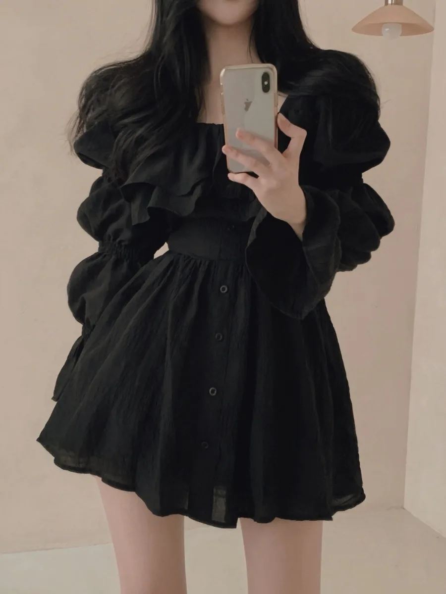

Chic Spring Sweet Personali Square Collar Flounce High Waist Slim Bubble Sve Dr ort Skirt Women's Faion Commute