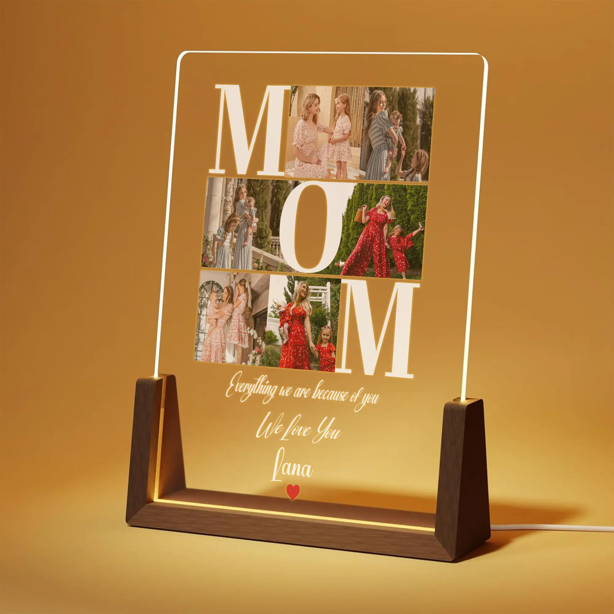 

Personalized MOM Acrylic Photo Lamp Gift for Mom Custom Mother’s Day Gifts Night Light with Wood Base Warm Memory Table Display