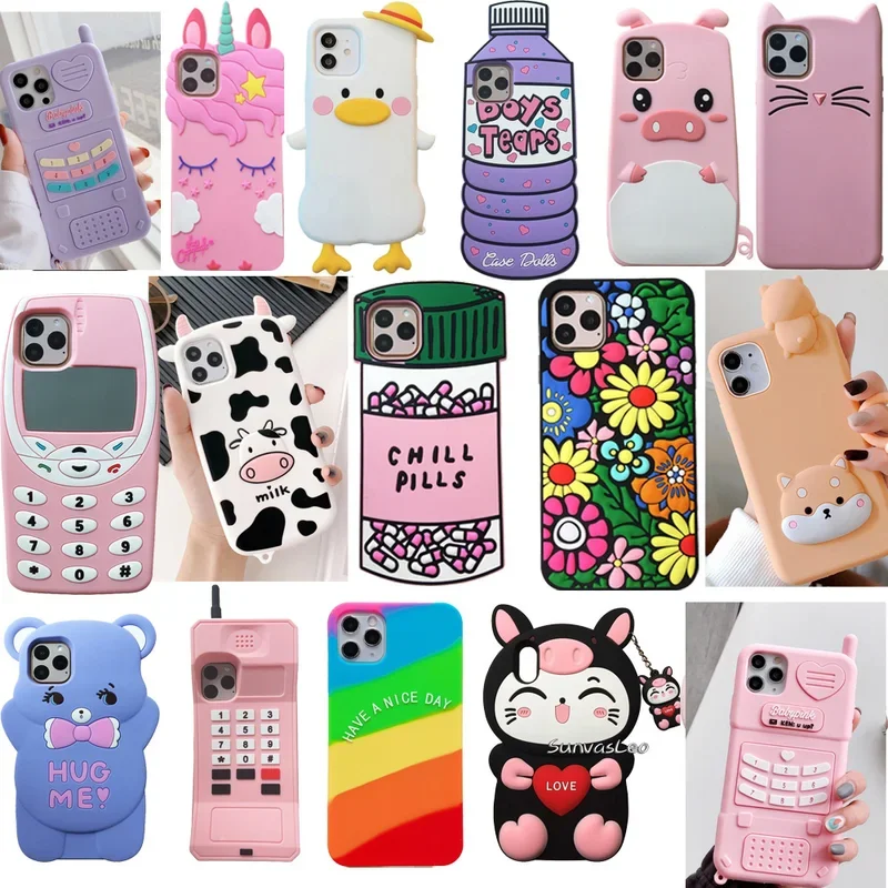 

3D Cute Cartoon Soft Silicone Cell Phone Back Case Protect Cover For iPhone 7 8 Plus X XS XR XS Max 11 12 13 14 15 Pro Max