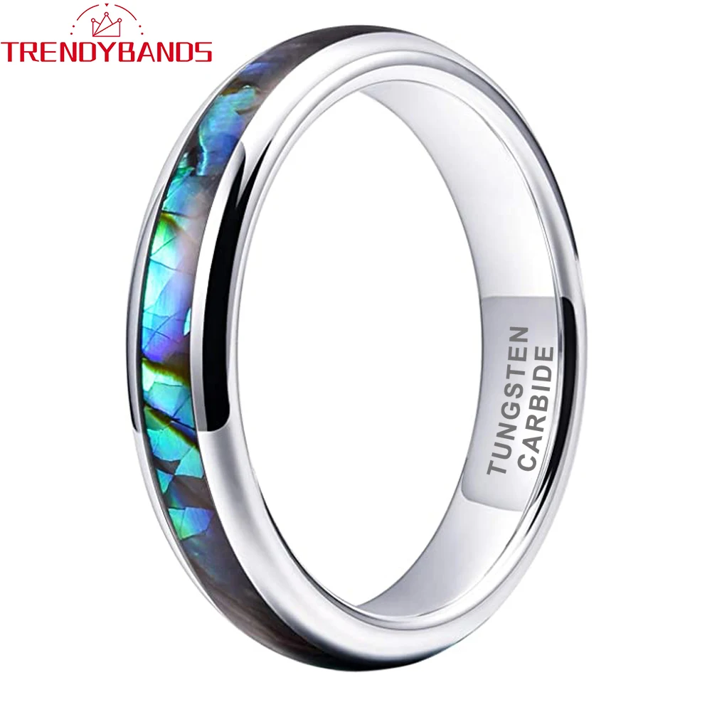 Treandybands Jewelry 4mm 8mm Tungsten Ring for Men Women Wedding Band Abalone Shell Inlay Polished Shiny Domed Comfort Fit
