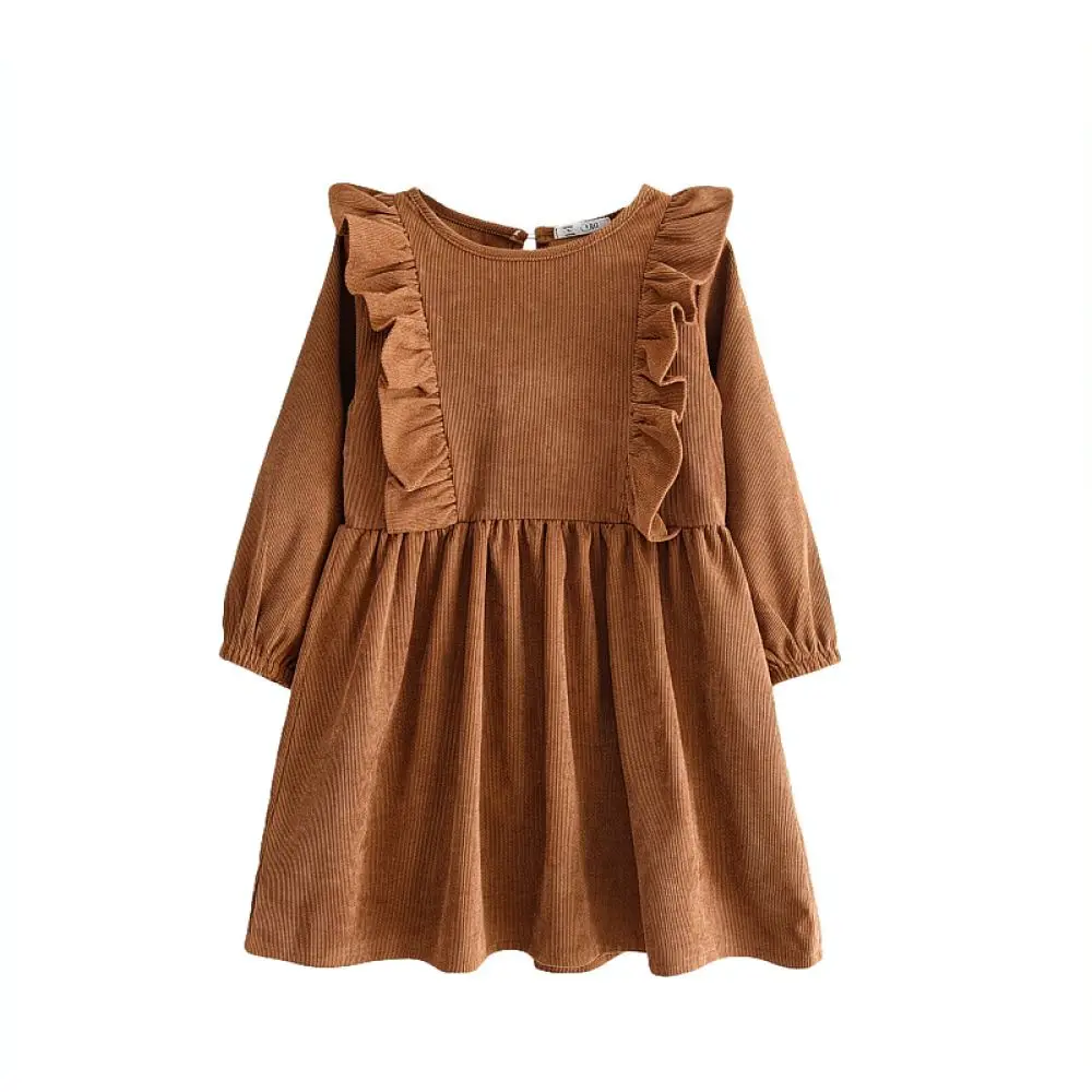Girls Autumn Corduroy Dresses Long Sleeve Crewneck Ruffle Solid Color Casual Clothes Soft Toddler Girl Fashion Outfit