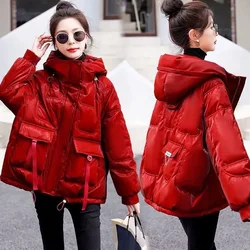 Winter New glossy Down Cotton Jacket Thick Warm Hooded Puffer Jacket Women Parka Oversized Korean Coat Black Red Green Blue tops