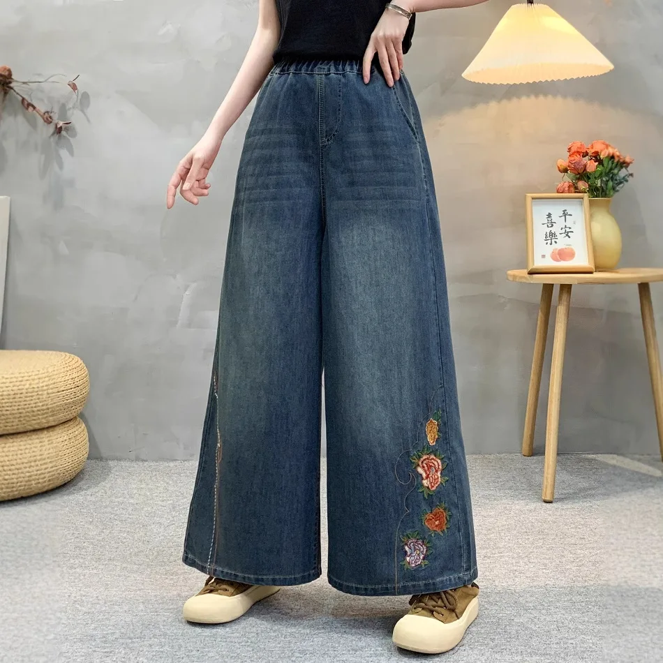 2025年夏新作 デニムコットンジーンズ レディース ウエストゴム 花柄刺繍 モリーガール ヴィンテージ ルーズストレートパンツ B55951CC
