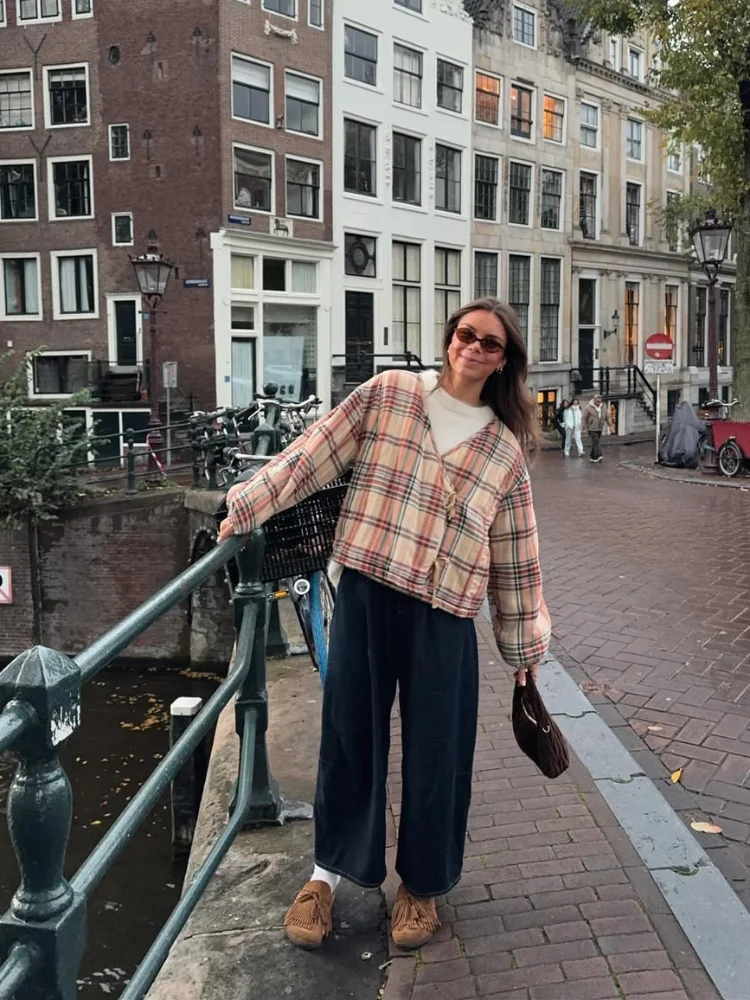 

Women Casual Checked Cotton Coat Fashion V-neck Full Sleeve Lace Up Loose Short Coats Lady Winter Daily Commute Street Outerwear