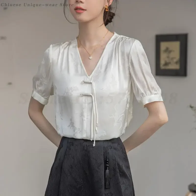 

Summer Short Sleeved Chiffon Blouse New Chinese Style V-Neck Shirt Casual Jacquard T-Shirt Traditional Vintage Loose Tops