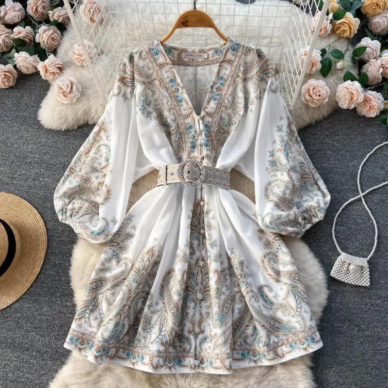 

Vintage Floral Printed Lantern Sleeve Dress Spring Retro Single Breasted V-neck With Belt Printing Vestidos Fashion Mini Dress