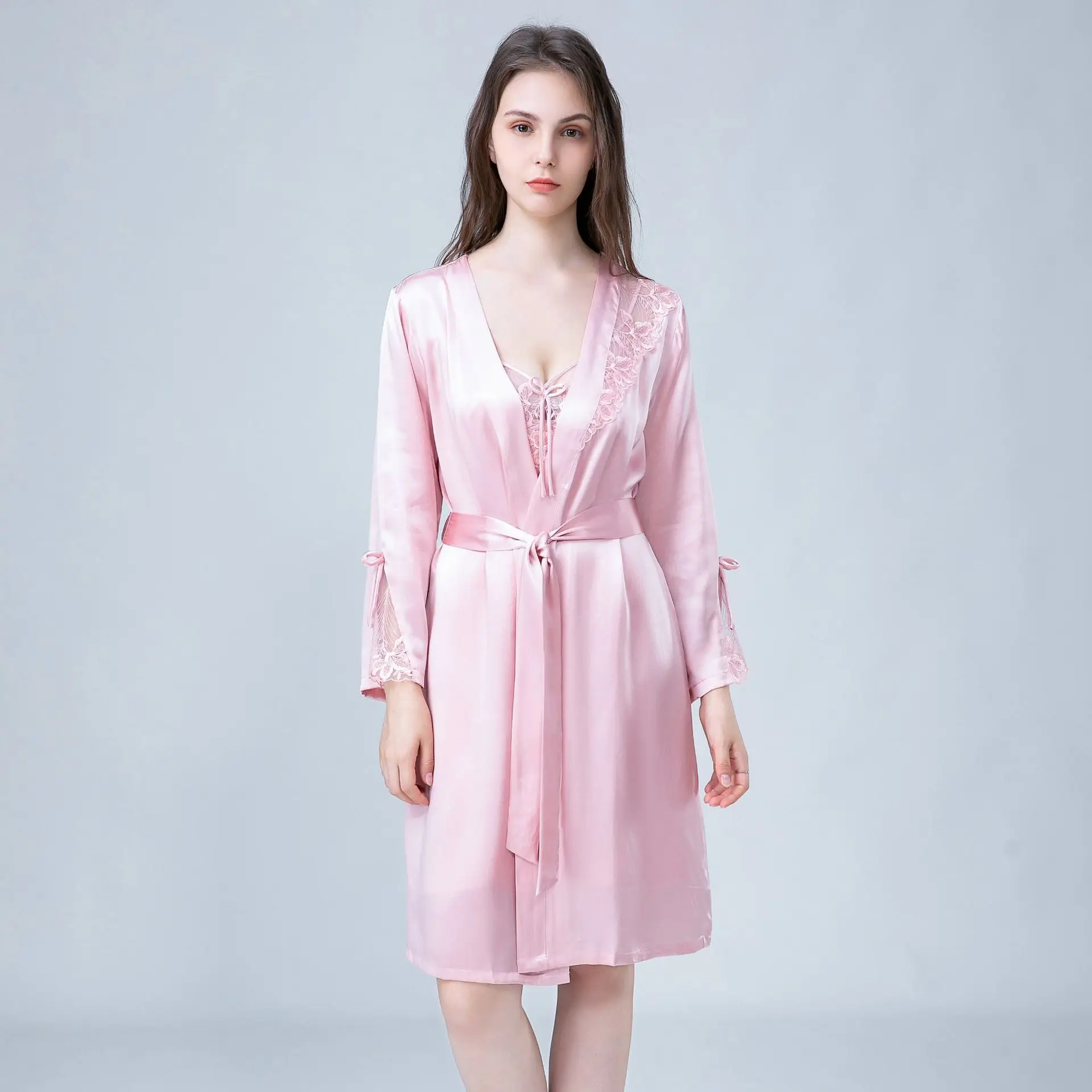 Sheer Lace Silk Robe and Nightgown 2-Piece Set 100% Mulberry Silk Sexy Kimono Bathrobe & Chemise Women's Luxury Loungewear PJS