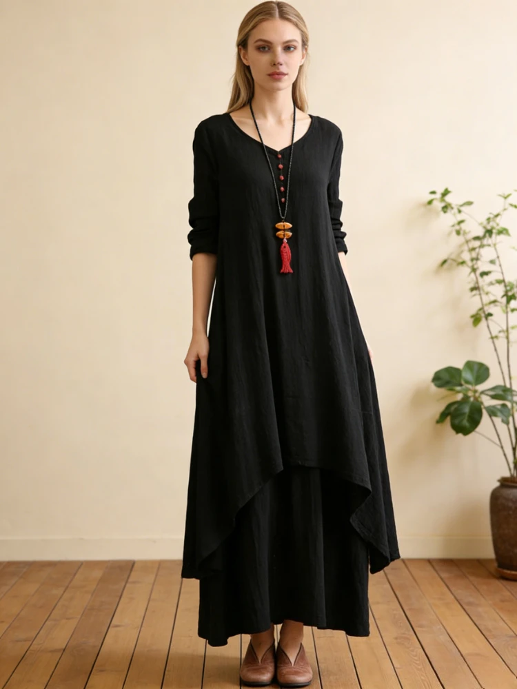 Abito estivo elegante in lino maxi tinta unita Abito casual a maniche lunghe con scollo a V Abito ampio Boho Abiti vintage con orlo asimmetrico