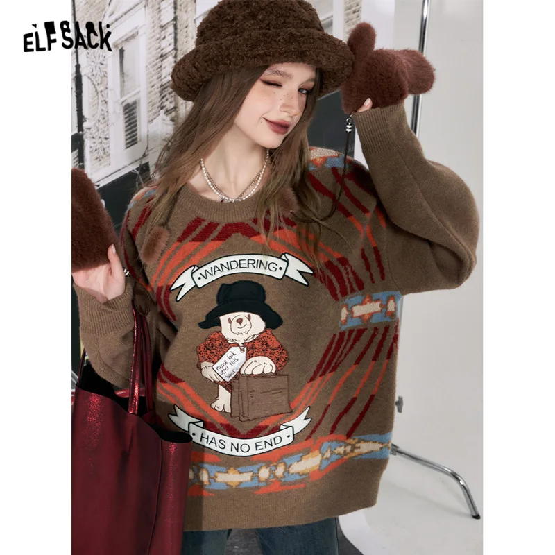 ELFSACK Kawaii Bear Pullover Sweaters Women 2023 Winter Plus Size 2000s Tops