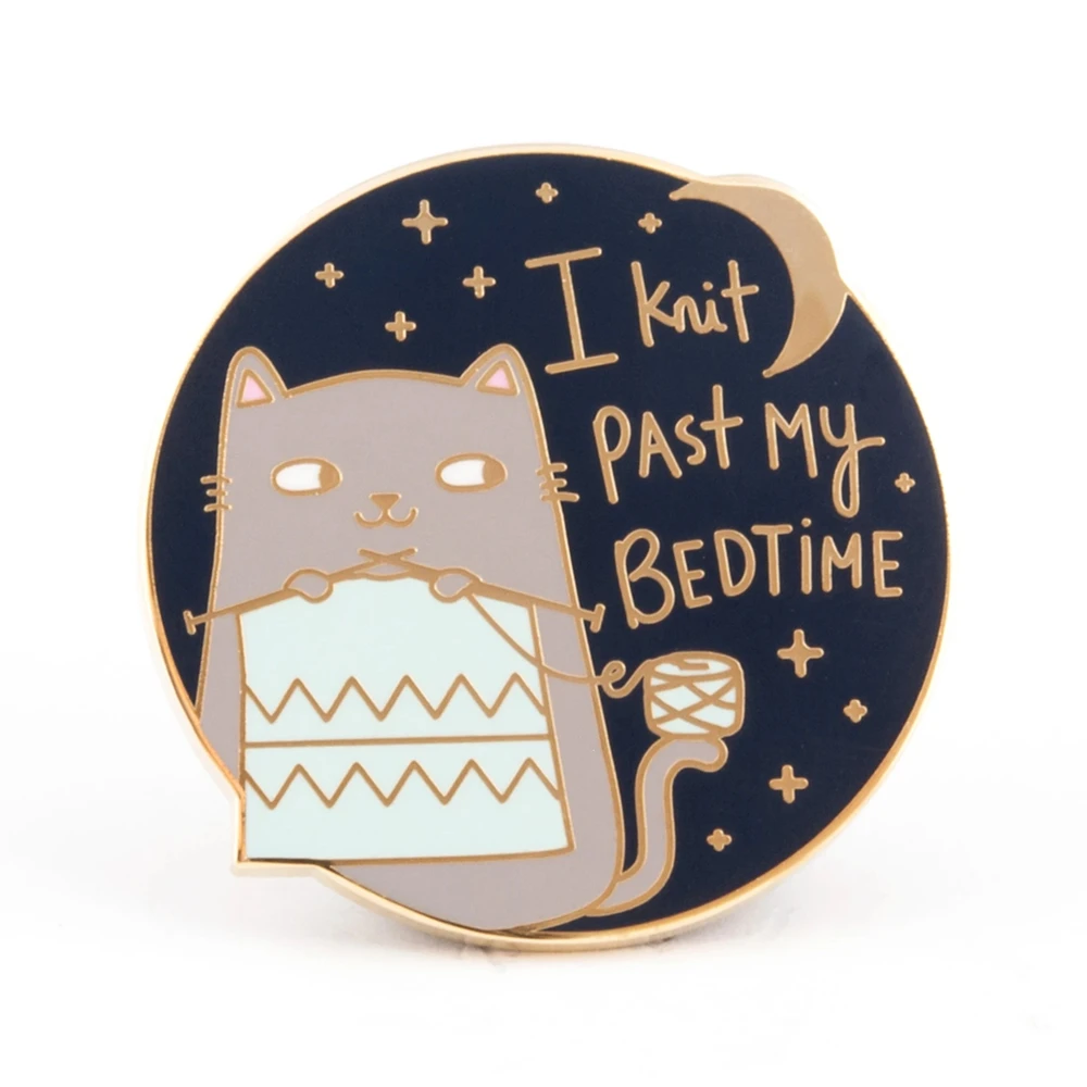 Funny I Knit Past My Bedtime Cats Golden Enamel Pin Kawaii Cat Knitting Blue Brooch Yarn Lovers Gift Fashion Lapel Hat Decor