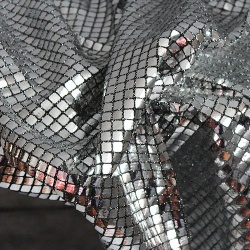 

95cm Mirror Reflective Checker Sequin Fabric Silver Metallic Mesh Textile for Stage Costume Party Dress DIY Sewing Fabric