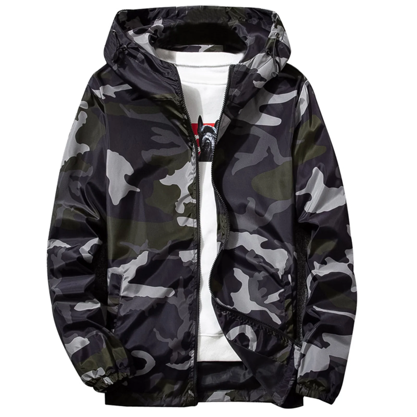 Men's Camouflage Printed Hooded Jackets Coat Long Sleeve Zipper Baseball Coat Windproof Outerwear for Hiking Cycling Daily Wear