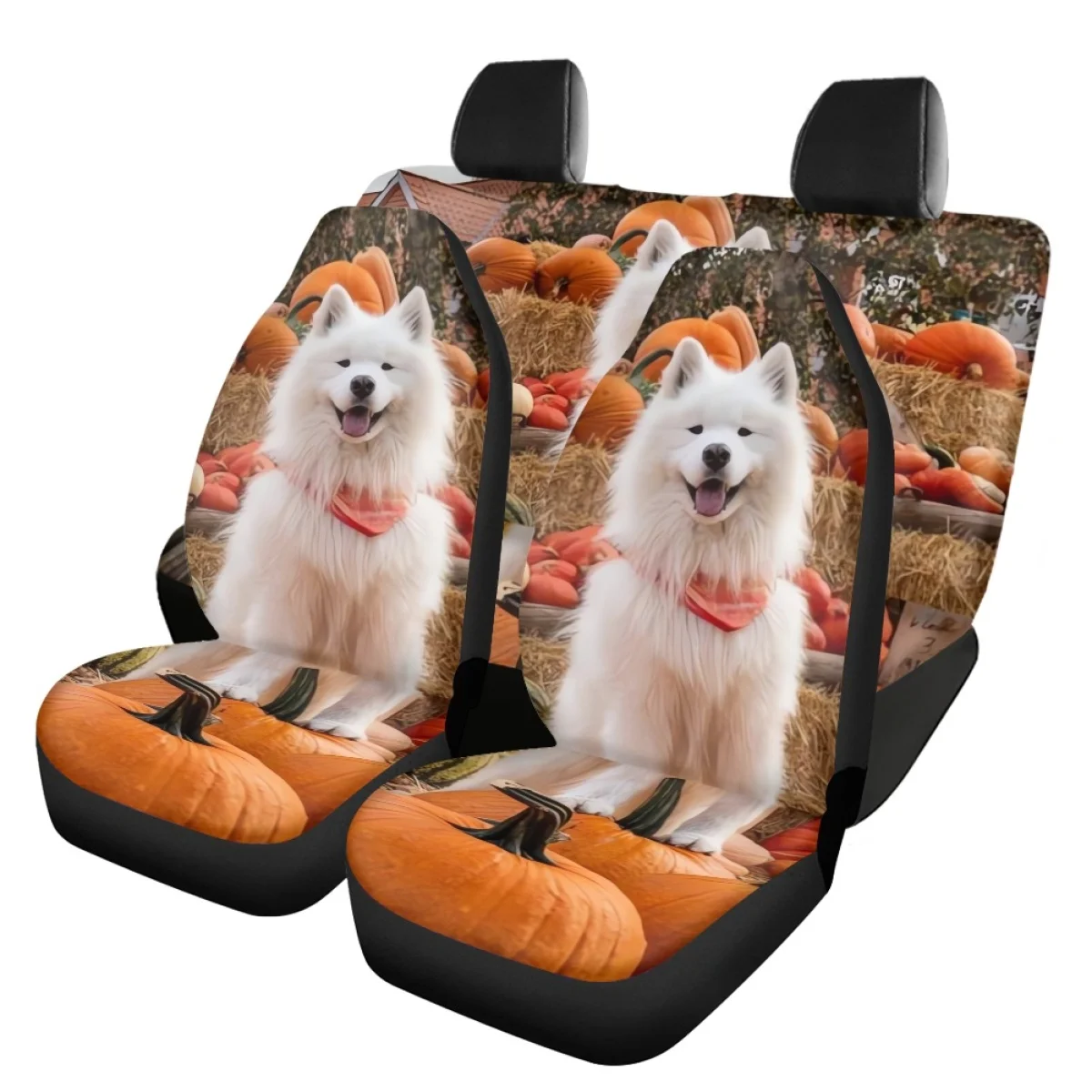 New Kawaii Samoyed White Dog Pattern Interior Spare Parts Front Back Seat Cover Set Soft Easy Install Luxury Design Accessories