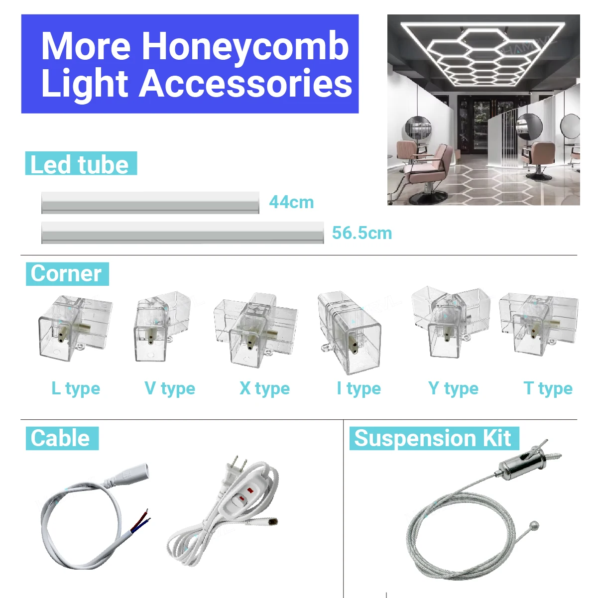 Honeycomb Light Accessories Kit – LED Tubes, Connector Corners (X/L/V/T/Y/I), Cable Options (US/EU/Universal), Suspension Kit