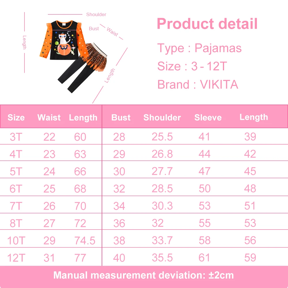 VIKITA Children Clothing Kids Halloween Festival Cosplay Costumes Girls Cartoon Print Tops Tees and Skirt Pants 2 Pcs Suit Set