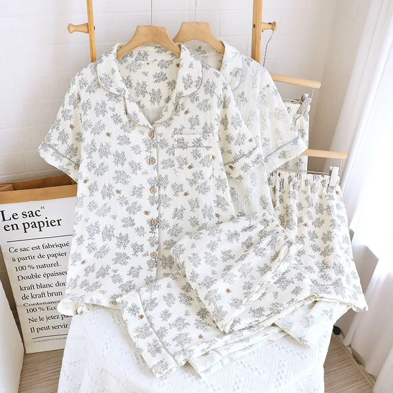 

3 Pcs Pajama Set Women's Spring and Summer Cotton Floral Printed Short Sleeved Cardigan Sweet Home Wear Pijamas Women