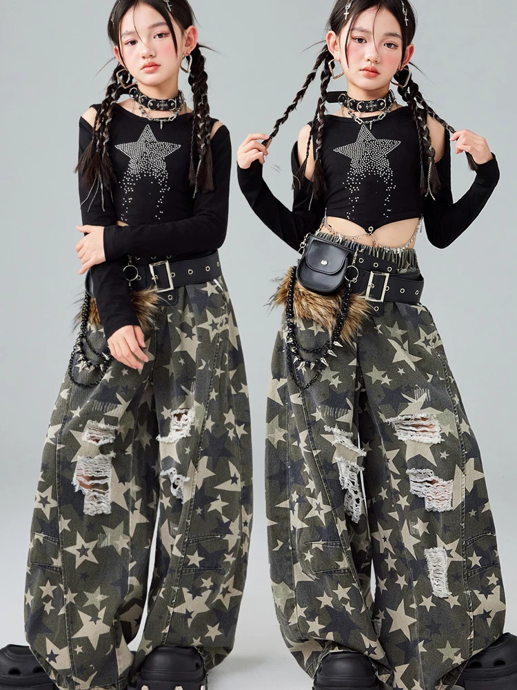 2026 الأطفال الهيب هوب أزياء رقص للفتيات المحاصيل القمم السراويل التمويه Kpop وتتسابق الحديثة الجاز الرقص مرحلة الملابس DQS21703