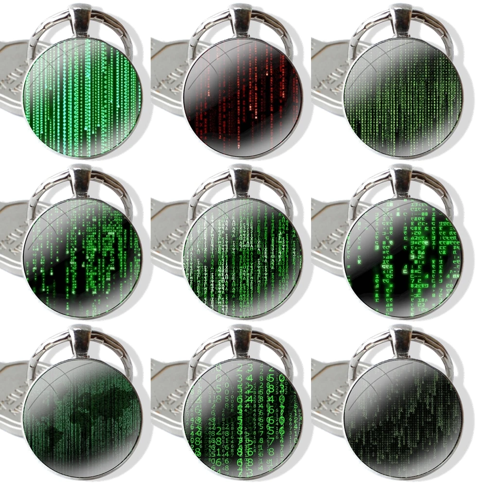 Glass Metal Pendant Key Chain Classic Men Women Key Ring Accessories Jewelry Gifts Matrix Hacker