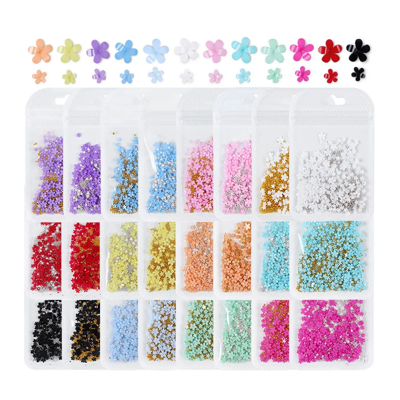 200pcs Mixed Size Flower Nail Art Rhinestones Colorful Acrylic Flower 3D Nail Charms Gold Silver Beads Nails Accessories Supply