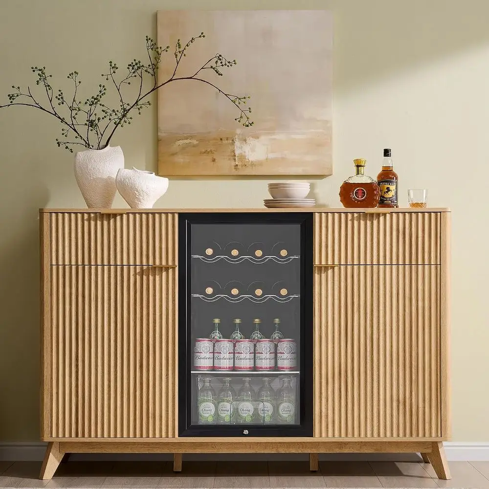60luted Coee ar Cainet with Mini ridSpace, Natural Oak | Mini ridCompatile, uilt In Charging Station, 3 Stemware Racks, 2 Ders,