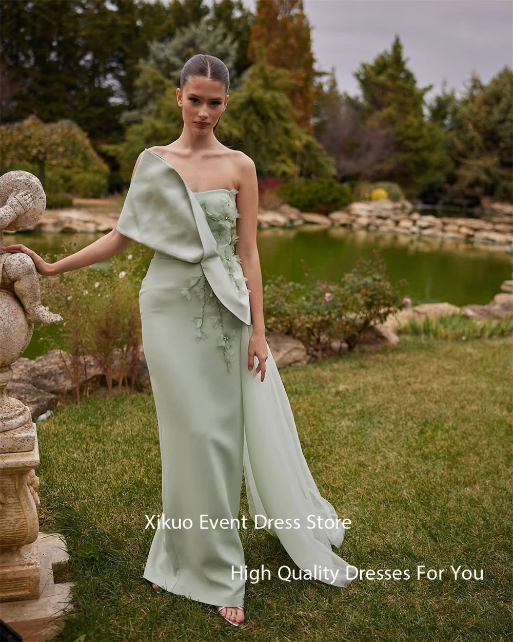 Xikuo Изящные атласные женские вечерние платья без бретелек с 3D цветами Vestidos De Fiesta Русалка плиссированные платья для выпускного вечера по индивидуальному заказу
