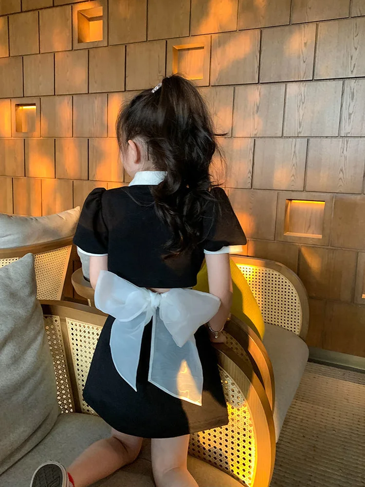 Girl Big Bow Backless Dresses Kids Summer Turn-down Collar Gown Children Cute Vestidos 2024 Teenager Trends Preppy Style Clothes