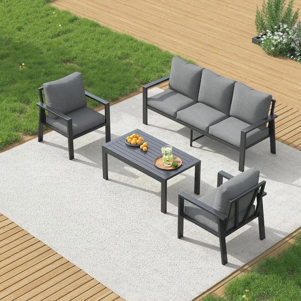 

4-Piece Metal Outdoor Sectional Sofa Set with Coffee Table, Grey for Patio, Garden, Backyard