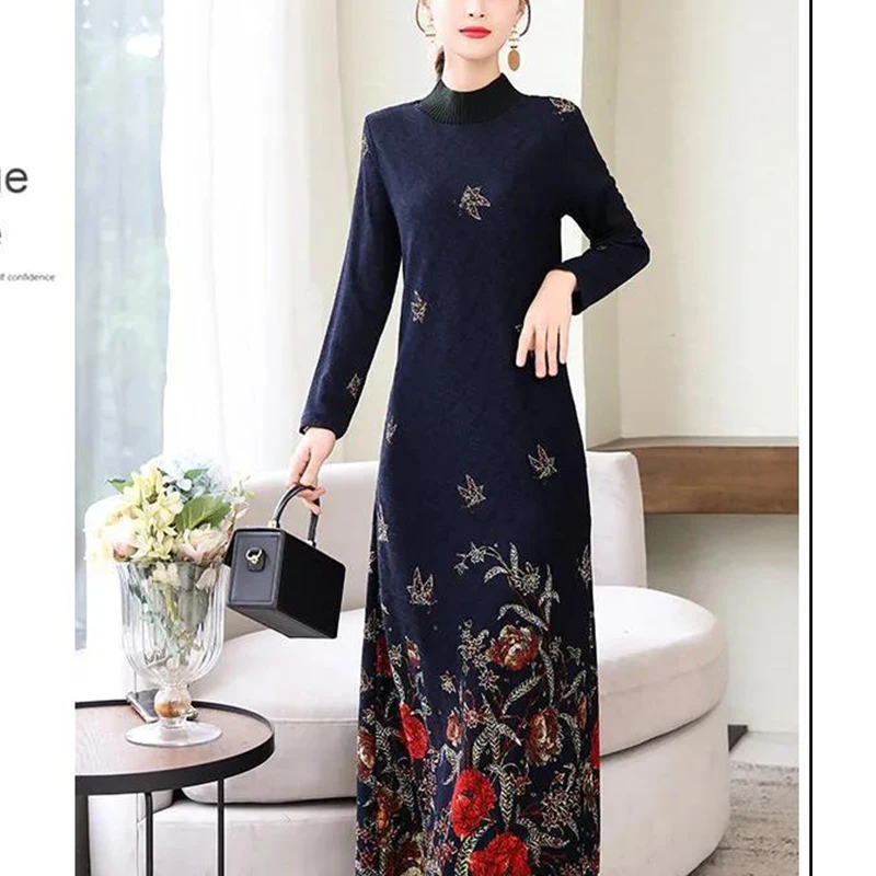 Autumn Winter Elegant Fashion Long Sleeve Vintage Robe Femme Temperament Thick Warm Maxi Dress Women Add Plush Casual Vestidos