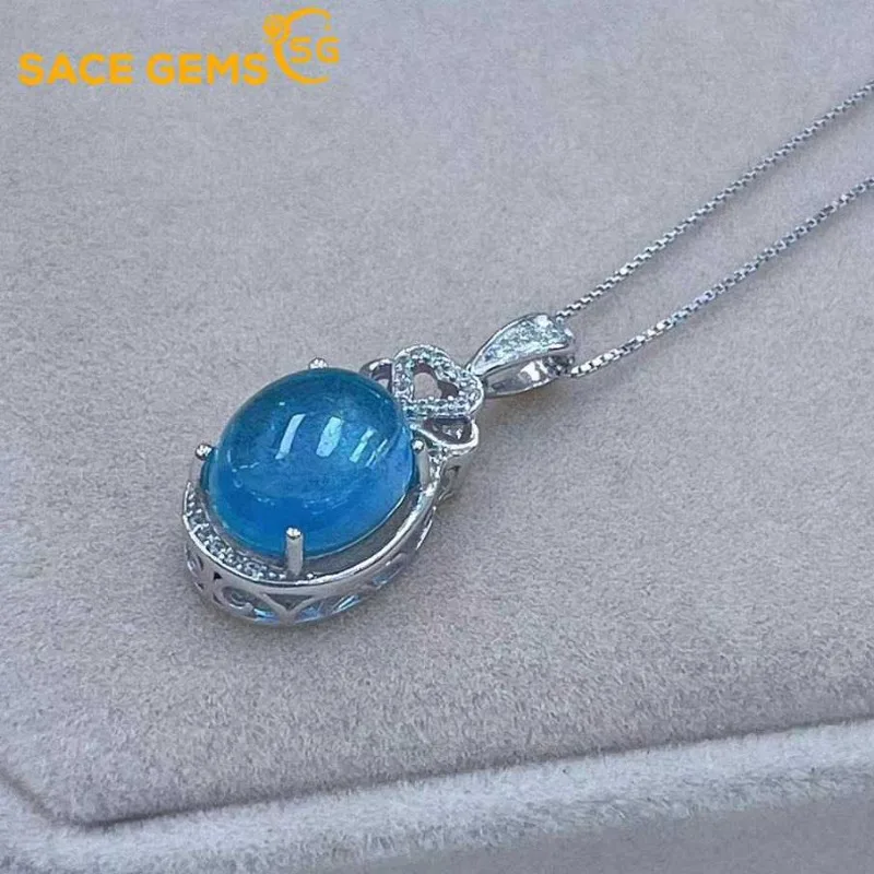 

SACEGEMS Certified 925Sterling Silver 10*12MM Natual Aquamarine Pendant Necklace for Women Engagement Cocktail Party Fine Jewelr