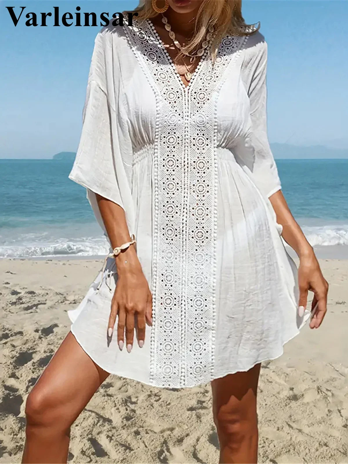 V Neck Half Sleeve Hollow Out Crochet Knitted Tunic Beach Cover Up Cover-ups Beach Dress Beach Wear Beachwear Female Women V6283