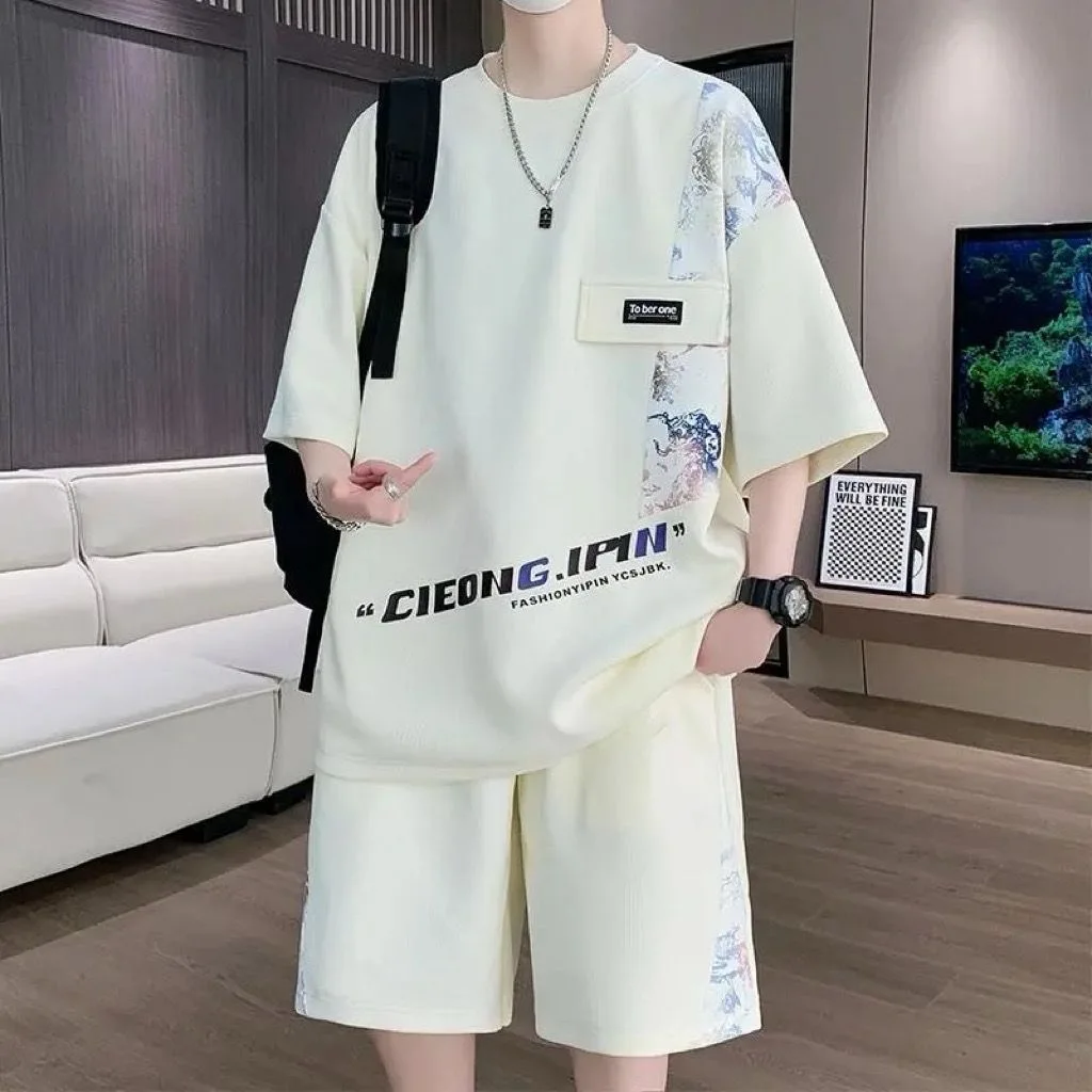 Summer New Fashion Trend Printed Short-Sleeved T-shirt Sports Suit Men's Loose Comfortable Breathable Large Size Two-Piece Set