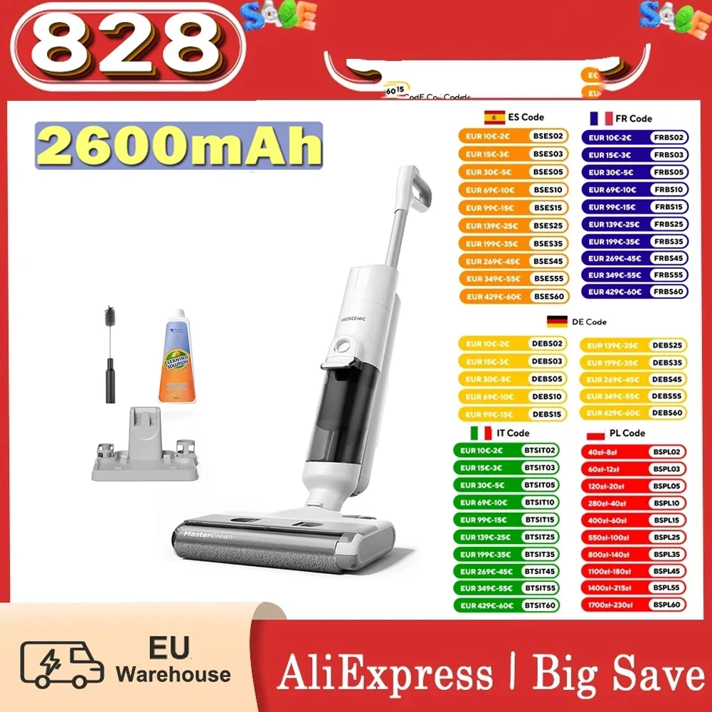 Proscenic F10 Pro Aspirateur et vadrouille sans fil 30 minutes d'autonomie Écran LED autonettoyant Nettoyage complet des bords 3 modes de nettoyage