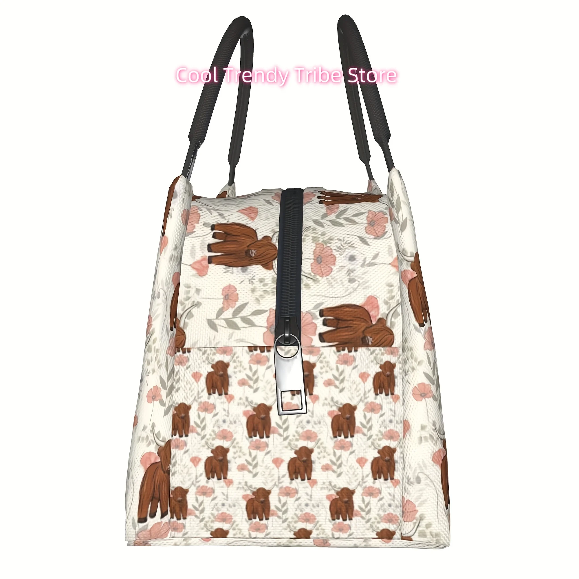 [Hand Washable Lunch Bag] Polyester Hand Washable Lunch Bag with Animal Cow & Floral Pattern - Portable Reusable Insulated Lunch