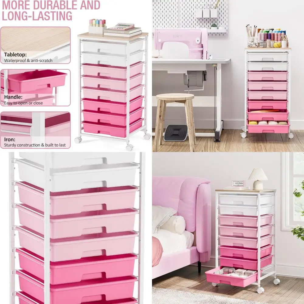 

Pink Rolling Storage Cart with 8 Drawers, Wooden Top, Craft & Teacher Organizer on Wheels