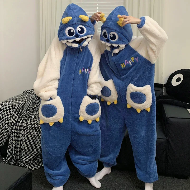 Anime Monsters Women Pajamas Jumpsuits Men Couples Sleepwear Cartoon Hooded Pyjamas Winter Thicken Warm Lovers Zipper Homewear