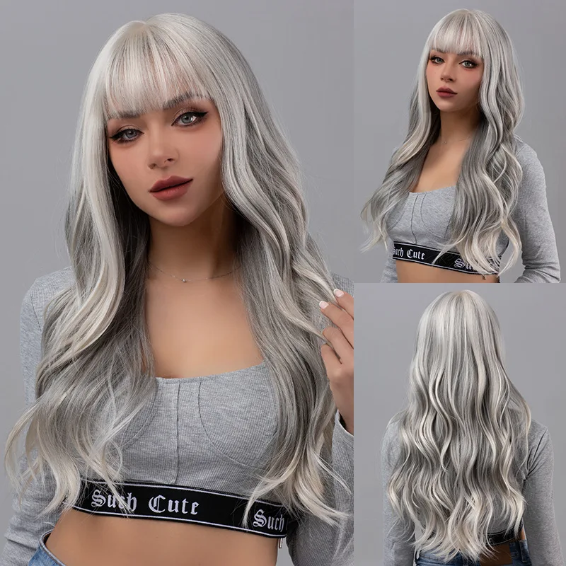 

European and American Qi Bangs Grey Barbie Wind Big Wave Long Curly Hair Fluffy Trim Wig Full Headgear Wig