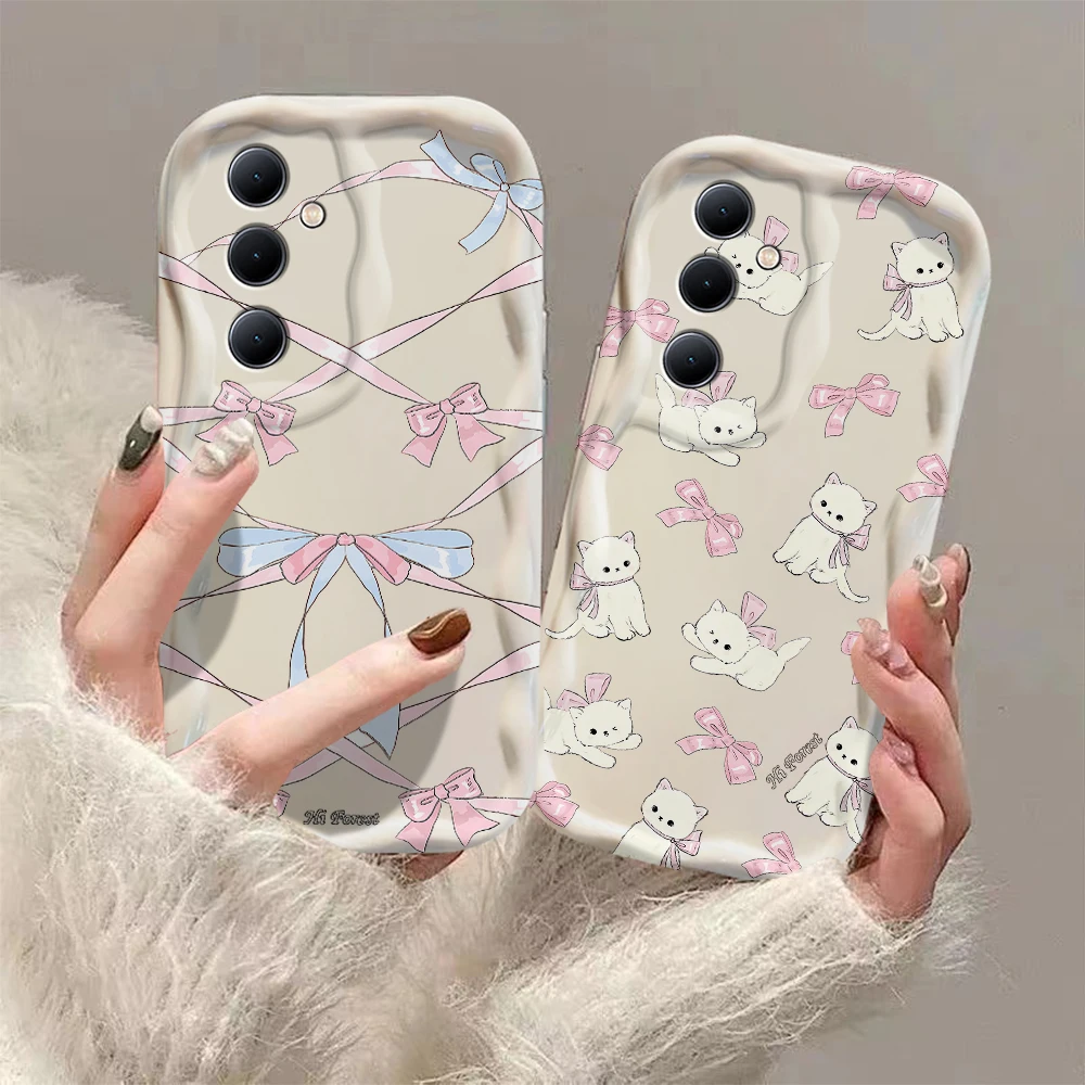 Cute pink bow bunny cat 3D Wave Phone Case For Samsung Galaxy S24 S23 S21 S20 FE Plus Ultra 4G 5G Soft Silicone Back Cover