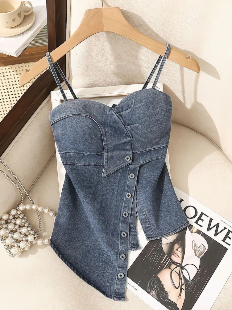 Coquette Comisoles Sleeveless Denim Tops Sexy Women Summer Jeans Tanks Crop Top Removable Strapless Cowboy Bustier Corset