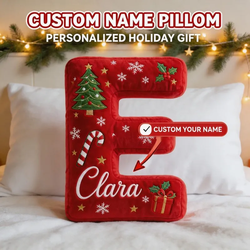 Custom Photo Letter E Shaped Pillow Red Christmas Tree Snowflake Decorate Cushion Unique Home Sofa Bedroom Gift for Adults Kids