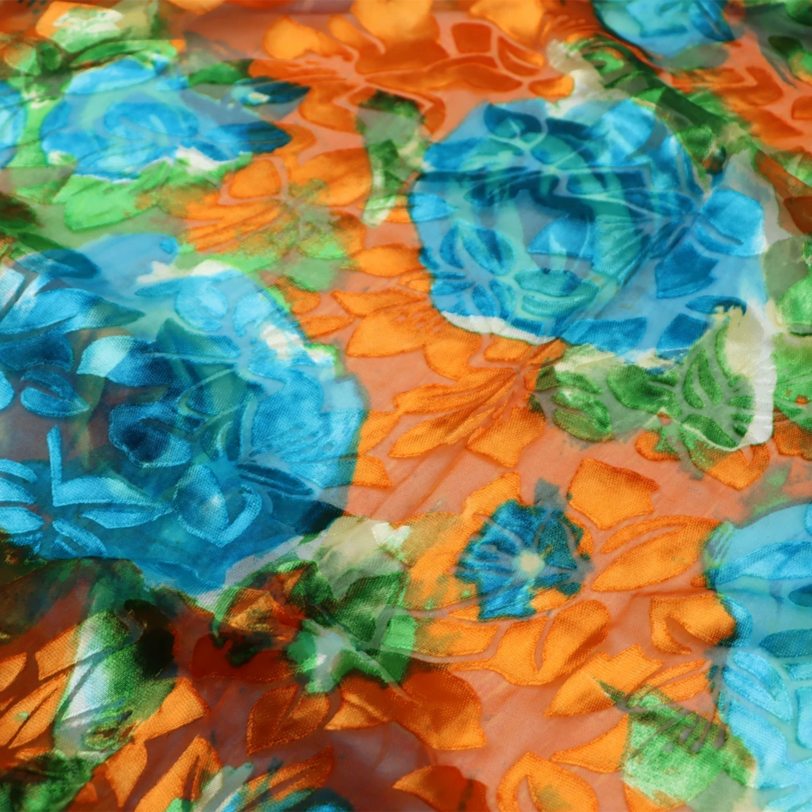 

Luxury Silk Smooth Soft Silk Burn Out Fabric Opal Blue Flowers Orange Sexy for Summer Spring Skirt Cloth Scarves