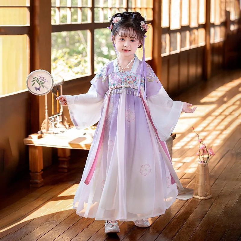 

Детский танцевальный костюм Hanfu с вышивкой Hanfu для девочек, карнавальный танцевальный костюм феи, платья принцессы, древняя традиционная китайская одежда