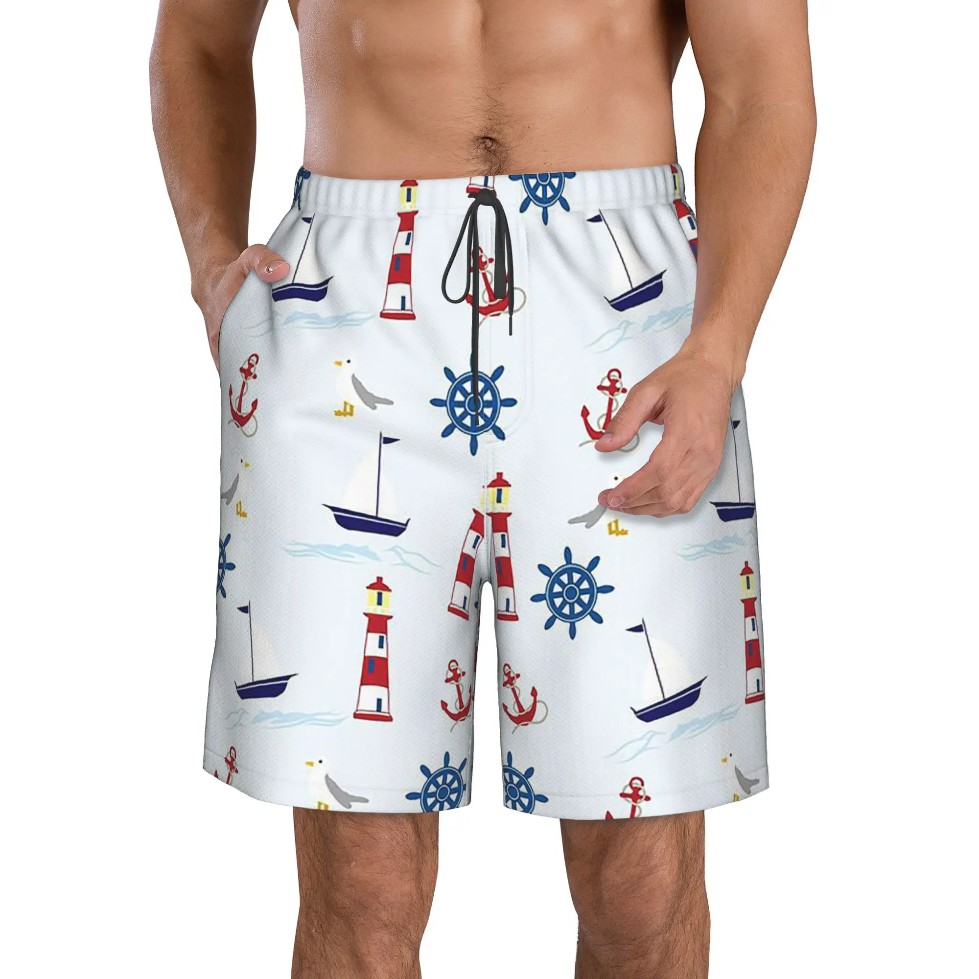 Cartoon Sailboat And Anchors Pattern Trunks Beach Board Shorts Casual Quick Dry Swim Summer Men Pants