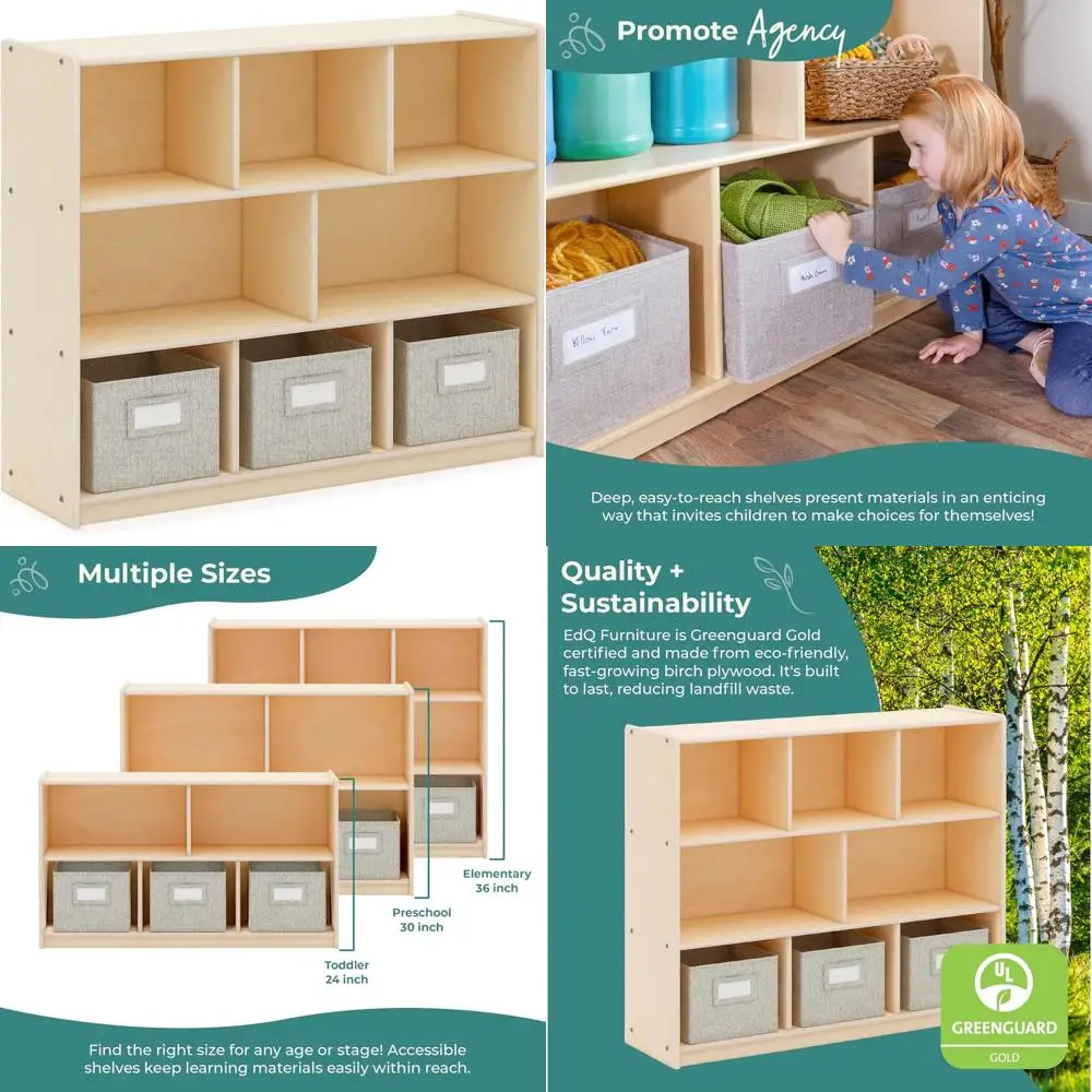 

3-Tier Fabric Bin Storage: Wooden Bookshelf and Toy Organizer for Kids, Multipurpose Storage Unit for Homeschool and Classroom