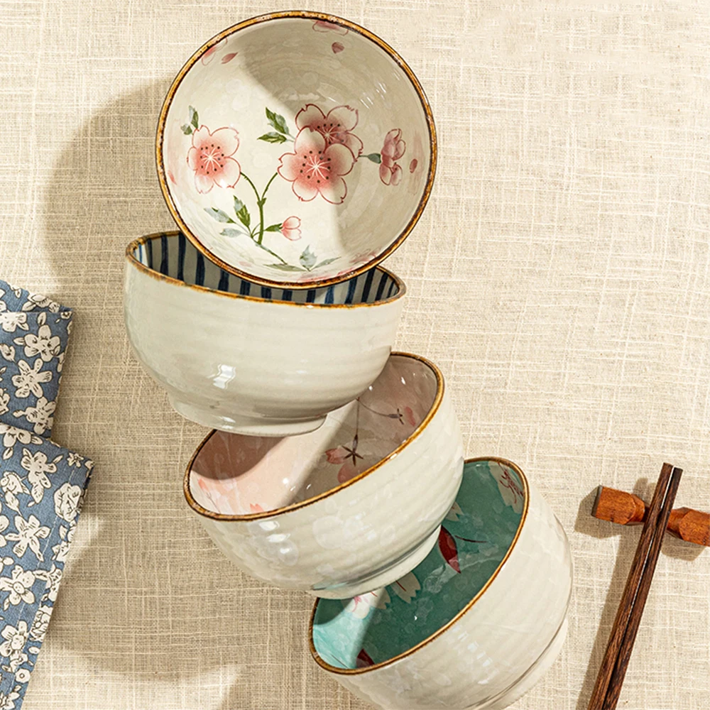 Tazón de Cerámica Estilo Japonés con Diseño de Sakura, Tazones para Arroz de 500 ml, Tazones para Yogur para el Hogar y la Cocina, Vajilla Apilable para el Hogar