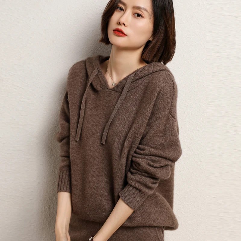 Autumn Winter Hooded Cashmere Sweater Female Pullover Loose 100% Pure Wool Hoodie Languid Lazy Wind Knitting Base Hoodie