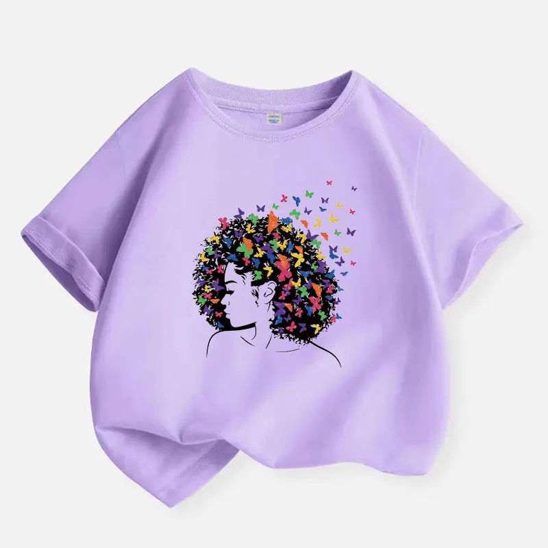 Y2K Tops Melancholy Butterfly Haired Girl Graphic Print T-shirt for Girls Yellow Cotton Baby Kids Tops Tee Summer T Shirt